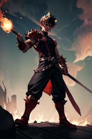 full-length shot of Zach, Zach has distant makou-green glowing eyes, set in a pale gray face surrounded by bright fiery spikes of black and blonde hair, He wears a burgandy chiton with a red and gold flame pattern, A single spiked pauldron asymmetrically guards his shoulder, His stern expression is guaranteed by the red studded leather band across his forehead, Zach wields Blazing Edge - a massive broadsword glowing with red runes and wreathed in flames, The sword reflects in Zach's brooding emotionless green eyes, Zach's posture and build has muscular stature combined with aloof stance - arms hanging nonchalantly at his sides but fists clenched tight, He gives off an intimidating yet indifferent aura, streaked hair, wide shot, masterpiece, high details, zagreus, Laurel crown, Single bare shoulders, Spiked hair, Greek clothes, Cloud, shoulder armor, sleeveless turtleneck, suspenders, belt, baggy pants, gloves, bracer, boots,