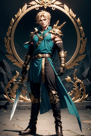 A wide angle full-length shot of Zepheus, Zepheus has a lean yet muscular warrior’s build, dirty blonde hair styled in a swept-back manner partially covering one piercing blue-green eye, His fair olive skin tone contrasts with his hair, Defined facial features like jawline and cheekbones, His outfit features a combat dark blue-green tunic with gold embellishments and intricate patterns, Greek-style leather greaves and vambraces have steampunk-esque accents, Earth-toned fantasy boots are accented in bronze and copper, a metal wolf skull pauldron over one shoulder adds a touch of fantasy, Red colored trim details throughout the ensemble tie the look together and symbolize Zepheus’ connection to underworld deities and realms, his design reflects his unique heritage and conflicting loyalties, masterpiece, high details, 4K, Zepheus, tunic, animal skull pauldron, vambraces, laural crown, holding sword