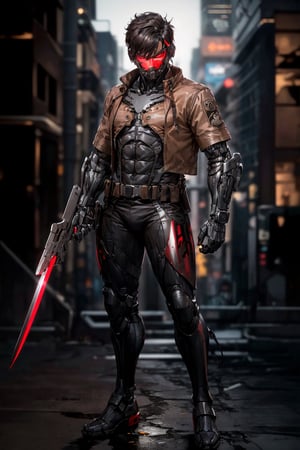 an accurate and detailed full-body shot of a male superhero character named Ren, 1male, (Tall and lean figure), (Short messy black hair:1.4), strong jawline, (face grafted with cybernetic plating), (scarred face), (red cyberpunk visor covering eyes:1.4) (red eye shield:1.2), (exposed mouth:1.6), Crimson and black armored ninja-tech battlesuit, energy conduits lining limbs and body, (Tactical brown cyber jacket:1.5), (utility belt:1.2), Armored gauntlets, Right arm cybernetic, holding a High-Frequency Katana sword, masterpiece, high quality, 4K, rhdc, a man, brown leather jacket, gray skintight suit, gloves, belt, boots, raidenmgr