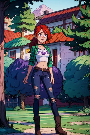 an accurate and detailed full body shot of a young adult female character named Vindy, 1girl, tall, slender, athletic build, Vibrant orange-red hair, (long and wavy hair:1), (spiky bangs:1), (loose ponytail:1), expressive eyes, pink eyes, relaxed expression, Heart-shaped face with freckles, a mischievous grin, lipstick, black choker, (A cropped green plaid flannel shirt), (opened long-sleeve jacket:1.3), (a graphic-tee of a tree symbol underneath:1.5), midriff, (ripped skinny black jeans:1.2), (purple belt:1.6), (Ankle boots:1.5), (dark-blue boots:1.3), girl-next-door vibe, masterpiece, high quality, 4K,