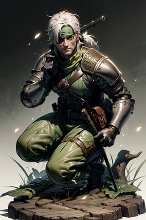 an accurate and detailed full body shot of an adult male character named The Serpent, determined expression, muscular and agile build, white hair, (short ponytail), (bandana:1.2), (right eyepatch:1.5), (left green eye:1.5), beard stubble, (medieval military style), fitted army fatigues, (chainmail and leather armor:1.3), swords on back, Utility Belt with potions and holster, Tactical camouflage pants, Heavy-duty combat boots, weathered and worn, masterpiece, high quality, 4K, Big Boss,