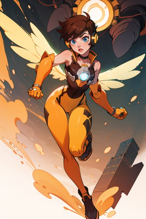 Create an accurate and detailed full-body hover pose of a female character Jena, Petite powerhouse, wears a burnt-orange flight suit, Sleeveless black and yellow striped corset top, Orange goggles on her head, Short spiky dark brown pixie cut hairstyle, Transparent orange and yellow insect-wings, a blend of chronal energy and insect grace, White gauntlet Wrist stingers crackle with bio-electric punch, Black leggings, Yellow knee-high running boots with black accents, Silver circular belt buckle, masterpiece, super detail, 4K, wasp, short hair, blue eyes, choker, headphones,gloves, elbow gloves, makeup, tracer_overwatch, goggles, jacket, orange goggles, bodysuit, bomber jacket, harness, chest harness, orange bodysuit,wasp,tracer_overwatch,photorealistic,Masterpiece,(best quality