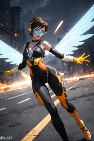 Create an accurate and detailed full-body hover pose of a female character Jena, Petite powerhouse, wears a burnt-orange flight suit, Sleeveless black and yellow striped corset top, Orange goggles on her head, Short spiky dark brown pixie cut hairstyle, Transparent orange and yellow insect-wings, a blend of chronal energy and insect grace, White gauntlet Wrist stingers crackle with bio-electric punch, Black leggings, Yellow knee-high running boots with black accents, Silver circular belt buckle, masterpiece, super detail, 4K, wasp, short hair, blue eyes, choker, headphones,gloves, elbow gloves, makeup, tracer_overwatch, goggles, jacket, orange goggles, bodysuit, bomber jacket, harness, chest harness, orange bodysuit,wasp,tracer_overwatch,photorealistic,Masterpiece