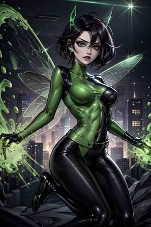 Create a realistic and detailed full-body shot of Shannet, Athletic build with a hint of curvaceousness, pale skin with a subtle pearlescent sheen, Sharp angled features, full expressive lips, Striking green and gold eyes, long dark hair styled in a sleek asymmetrical bob with sharp bangs, A black and green flightsuit, green sections feature a subtle scale-like texture, Black accents on the flightsuit form sleek geometric patterns, A black belt with a prominent circular buckle, Transparent blackge and green insect-wings, insect-inspired elements, subtle antennae or iridescent accents, 4K, masterpiece, best quality, wasp, short hair, sh1, gloves, multicolored bodysuit, makeup,wasp