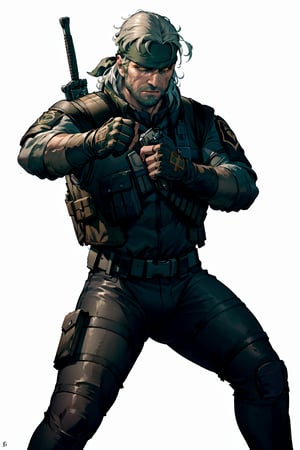 an accurate and detailed full body shot of an adult male character named The Basilisk, muscular and athletic build, Rugged, scarred face, strong jawline, stuble beard, Medium length unkempt hair, Silver hair color, (headband:1.4), glowing green eyes, leather jacket with lightweight metal plates, (tactical vest with basilisk emblem:1.4), long sleeves, Fingerless gloves, Utility belt with pouches and holsters, Combat pants, reinforced knee pads, Heavy-duty combat boots, (holding combat knife:1.2), masterpiece, high quality, 4K, Big Boss, the punisher