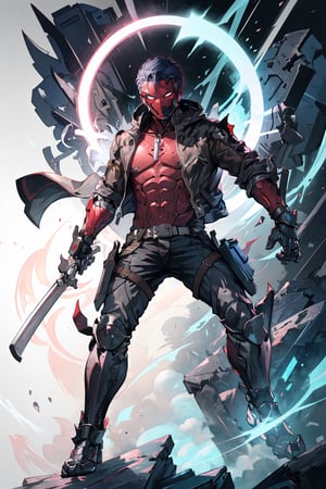 
an accurate and detailed full-body shot of a male superhero character named Wraith, tall and lean bulid, (Crimson half-mask:1.3), exposed cybernetic red eye, grafted cybernetic jawline, (Spiky white fringe hair:1.2), (choppy black undercut hairstyle:1.2), (Skintight black ninja-tech suit with crimson energized circuitry:1.1), (electric blue biker jacket:1.1), asymmetric collar, rolled sleeves, Gunmetal armor plates on shoulders, chest emblem, (Fitted burgundy leather moto-pants), (blue-gray armorized cargo panels), Knee guards, armored greaves, black combat boots, cyberized gunmetal strike gauntlet, Holsters, sheaths, tech-utility pouches, (holding an obsidian high-frequency katana), masterpiece, high quality, 4K, raidenmgr, nero, rhdc, a man, red helment, brown leather jacket, gray skintight suit, gloves, belt, boots, pastel
