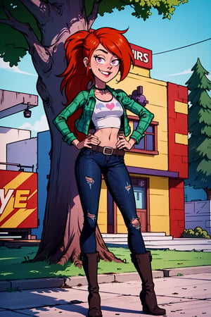 an accurate and detailed full body shot of a young adult female character named Vindy, 1girl, tall, slender, athletic build, Vibrant orange-red hair, (long and wavy hair), (spiky bangs and a high ponytail), expressive eyes, pink eyes, relaxed expression, Heart-shaped face with freckles, a mischievous grin, lipstick, black choker, (A cropped green plaid flannel shirt), (opened long-sleeve jacket:1.3), (a graphic-tee of a tree underneath:1.5), midriff, ripped skinny black jeans, (purple belt:1.2), (mismatched colorful socks:1.2), (Ankle-high boots:1.5), (dark blue boots), girl-next-door vibe, masterpiece, high quality, 4K, 