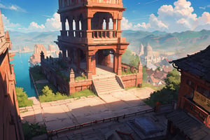 bird's eye view of a beautiful ancient indian temple city with a bustling marketplace, sun high in sky, poster, digital_painting,EpicSky,6000,cloud,greg rutkowski,isometric style,FFIXBG