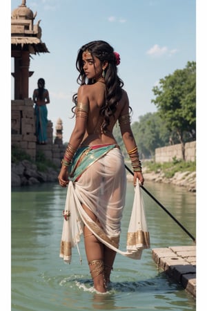 concept art, Merit, perfecthands, beautiful little girl, tomboy indian princess walking along river bank, nsfw, lehenga, freckles, looking over water, fantasy, ancient world, colorful, teasing, ((topless:1.2))), 14years old,  ((((dark skinned indian girl)))),sks woman, from_behind, kajuraho