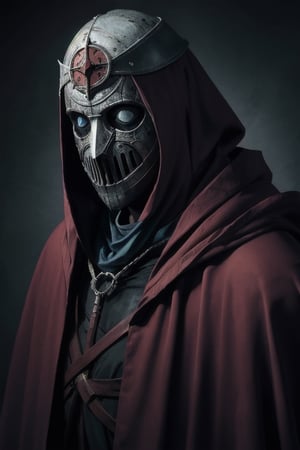 darkest dungeon leper, baldwin iv, soulslike, (dirty white cloak), medieval, face-covering iron mask with blank expression, blasphemous, stony face, adrian smith