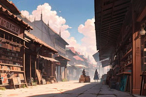 beautiful ancient indian temple city with a bustling marketplace, fantasy, sun high in sky, poster, digital_painting,EpicSky,6000,cloud,greg rutkowski,isometric style,FFIXBG
