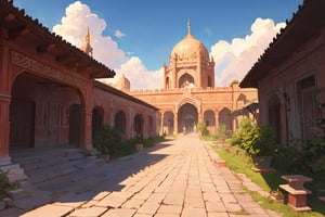beautiful ancient indian temple city around a glorious palace, sun high in sky, poster, digital_painting,EpicSky,6000,cloud,greg rutkowski,isometric style,FFIXBG