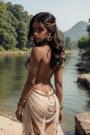 concept art, Merit, perfecthands, beautiful little girl, tomboy indian princess walking along river bank, nsfw, lehenga, freckles, looking over water, fantasy, ancient world, colorful, teasing, ((topless:1.2))), 14years old,  ((((dark skinned indian girl)))),sks woman, (((from_behind))), kajuraho