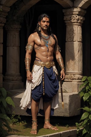 Merit,  middle-aged ancient Indian warrior king full body  with face emotions  , dark_skin, graying hair, fantasy, shirtless, 50years old