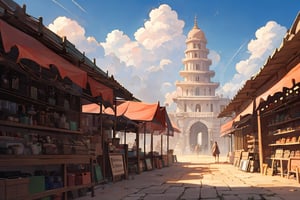 beautiful ancient indian temple city with a bustling marketplace, sun high in sky, poster, digital_painting,EpicSky,6000,cloud,greg rutkowski,isometric style,FFIXBG