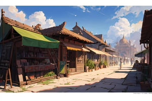 beautiful ancient indian temple city with a bustling marketplace, fantasy, sun high in sky, poster, digital_painting,EpicSky,6000,cloud,greg rutkowski,isometric style,FFIXBG