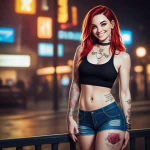 score_9,score_8_up, score_7_up, score_6_up, score_5_up, score_4_up,hyper realism, photo realistic, 8k, digital slr, 1girl, pink-emo,slim toned physique,(((piercings, septum_ring, tattoos, face tattoos))), ginger, freckles , (bright red hair, blonde tips, flowing, long, wavy), black tank top, shorts, smile, urban nightime setting, bokeh, glamour shot from waist up