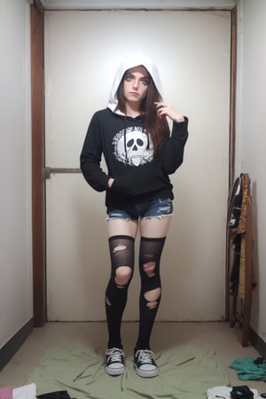 score_9,score_8_up, score_7_up, score_6_up,hyper realism, photo realistic, 8k, digital slr, full body photo, ophelia, solo, long hair, looking at viewer, emo, hoodie, torn shorts, thigh highs