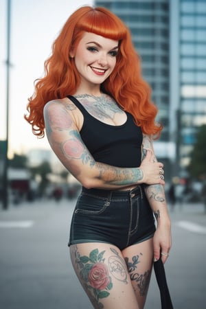 score_9,score_8_up, score_7_up, score_6_up,hyper realism, photo realistic, 8k, digital slr, lipstick, makeup, solo, looking seductively at viewer, 1girl, pink-emo,slim toned physique,(((piercings, septum_ring, tattoos))), ginger, freckles , (bright red hair, blonde tips, flowing, long wavy flowing hair), black tank top, shorts, smile, urban nightime setting, bokeh