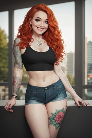 score_9,score_8_up, score_7_up, score_6_up,hyper realism, photo realistic, 8k, digital slr, lipstick, makeup, solo, looking seductively at viewer, 1girl, pink-emo,slim toned physique,(((piercings, septum_ring, tattoos))), ginger, freckles , (bright red hair, blonde tips, flowing, long wavy flowing hair), black tank top, shorts, smile, urban nightime setting, bokeh