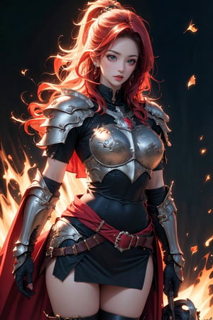 busty and sexy girl, 8k, masterpiece, ultra-realistic, best quality, high resolution, high definition, long hair, thighhighs, gloves,  jewelry, cowboy shot, earrings, belt, black skirt, armor, thigh boots, fire, shoulder armor, gauntlets, red gloves, pauldrons, red cape
