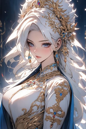 busty and sexy girl, 8k, masterpiece, ultra-realistic, best quality, high resolution, high definition,The image portrays a person with striking white hair adorned by a golden headpiece and intricate jewelry. The overall aesthetic suggests a blend of regal elegance and fantasy