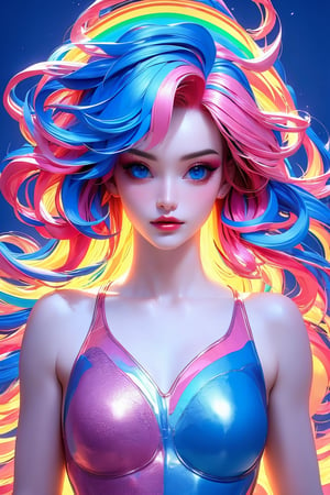 busty and sexy girl, 8k, masterpiece, ultra-realistic, best quality, high resolution, high definition,1girl, solo, long hair, looking at viewer, blue eyes, bare shoulders, closed mouth, blue hair, collarbone, upper body, pink hair, multicolored hair, lips, makeup, floating hair,multicolored background, rainbow, colorful, abstract, rainbow hair, intricate pattern background