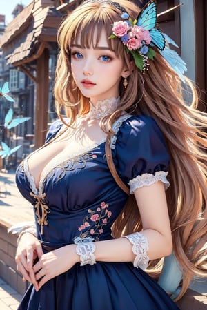 busty and sexy girl, 8k, masterpiece, ultra-realistic, best quality, high resolution, high definition, 1girl, solo, long hair, looking at viewer, bangs, blue eyes, blonde hair, shirt, dress, upper body, flower, short sleeves, lips, blue dress, bird, traditional media, bug, butterfly