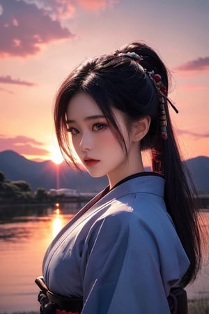 SUNSET, ((SAMURAI)) , girl, 8k, masterpiece, ultra-realistic, best quality, high resolution, high definition,ELIGHT,NJI BEAUTY,1 girl ,SUNSAMURAI,solo