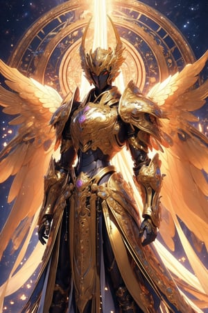 busty and sexy girl, 8k, masterpiece, ultra-realistic, best quality, high resolution, high definition,A celestial being with ornate golden armor and large, majestic wings that have a metallic sheen. The being should exude an aura of power and grace, standing in front of a backdrop that suggests an ethereal or heavenly realm.