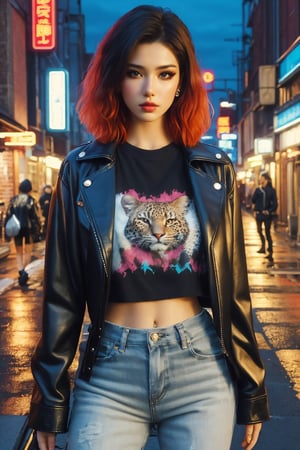 busty and sexy girl, 8k, masterpiece, ultra-realistic, best quality, high resolution, high definition, 2000 YEAR DISCO, PUNK GIRL,  black leather jacket, a black t-shirt with a white graphic design and text on it, and leopard print pants, NIGHT
