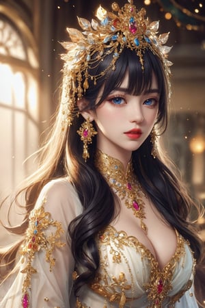 busty and sexy girl, 8k, masterpiece, ultra-realistic, best quality, high resolution, high definition, 1girl, solo, long hair, looking at viewer, bangs, blue eyes, black hair, hair ornament, jewelry, closed mouth, upper body, parted lips, indoors, blunt bangs, blurry, lips, grey eyes, eyelashes, makeup, gem, headdress, red lips, gold