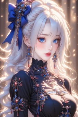 busty and sexy girl, 8k, masterpiece, ultra-realistic, best quality, high resolution, high definition, 1girl, solo, long hair, looking at viewer, blush, bangs, blue eyes, dress, bow, ribbon, jewelry, closed mouth, hair ribbon, upper body, white hair, hair bow, earrings, frills, black dress, parted bangs, eyelashes, blue bow, blue ribbon, pale skin, red lips