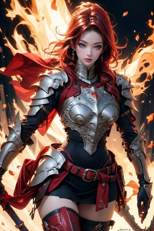 busty and sexy girl, 8k, masterpiece, ultra-realistic, best quality, high resolution, high definition, long hair, thighhighs, gloves,  jewelry, cowboy shot, earrings, belt, black skirt, armor, thigh boots, fire, shoulder armor, gauntlets, red gloves, pauldrons, red cape