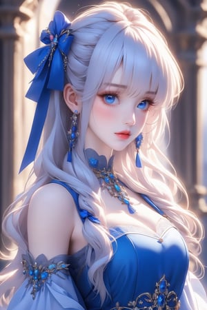 busty and sexy girl, 8k, masterpiece, ultra-realistic, best quality, high resolution, high definition, 1girl, solo, long hair, looking at viewer, blush, bangs, blue eyes, dress, bow, ribbon, jewelry, closed mouth, hair ribbon, upper body, white hair, hair bow, earrings, frills, black dress, parted bangs, eyelashes, blue bow, blue ribbon, pale skin, red lips