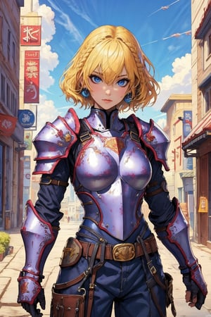 busty and sexy girl, 8k, masterpiece, ultra-realistic, best quality, high resolution, high definition,1girl, solo, looking at viewer, short hair, bangs, blue eyes, blonde hair, hair between eyes, closed mouth, braid, outdoors, sky, day, belt, cloud, armor, shoulder armor, gauntlets, building, pauldrons, breastplate, knight