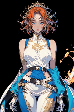 DARK ELF, busty and sexy girl, 8k, masterpiece, ultra-realistic, best quality, high resolution, high definition,a vibrant orange haired woman stands against a stark white backdrop. She is dressed in a blue sleeveless top, adorned with gold embroidery and a brown belt with a red stone in the center. The belt is adorned with a gold buckle, adding a touch of charm to her outfit. Her hair is cascading over her shoulders, framing her face. Her eyes are a piercing blue, and her lips are a darker shade of brown. She has a serious expression on her face, adding depth to the composition.