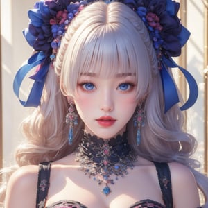 busty and sexy girl, 8k, masterpiece, ultra-realistic, best quality, high resolution, high definition, 1girl, solo, long hair, looking at viewer, blush, bangs, blue eyes, dress, bow, ribbon, jewelry, closed mouth, hair ribbon, upper body, white hair, hair bow, earrings, frills, black dress, parted bangs, eyelashes, blue bow, blue ribbon, pale skin, red lips