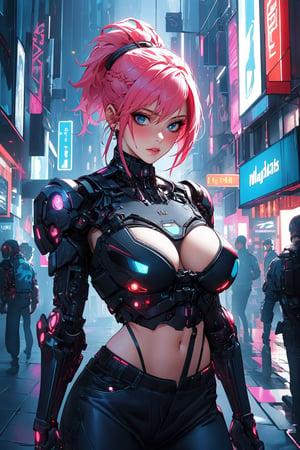 busty and sexy girl, 8k, masterpiece, ultra-realistic, best quality, high resolution, high definition, hologram, cyberpunk, science fiction, neon light, night city, braided ponytail