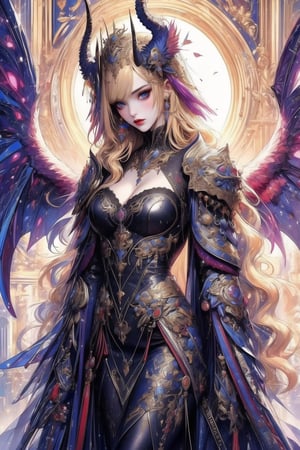 busty and sexy girl, 8k, masterpiece, ultra-realistic, best quality, high resolution, high definition,An eye-level painting of a woman with long blonde hair and a horn on her head. The woman is wearing a black dress with white designs on it. The wings she is wearing are black and white and are spread out around her body. Her wings are a mix of black, white, and gray. Her horns are protruding from her head, adding a touch of contrast to her outfit. 