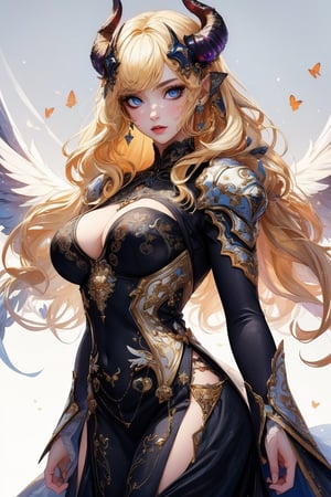 busty and sexy girl, 8k, masterpiece, ultra-realistic, best quality, high resolution, high definition,An eye-level painting of a woman with long blonde hair and a horn on her head. The woman is wearing a black dress with white designs on it. The wings she is wearing are black and white and are spread out around her body. Her wings are a mix of black, white, and gray. Her horns are protruding from her head, adding a touch of contrast to her outfit. The background is a stark white, making the woman and wings stand out against the white background.