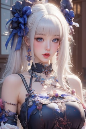 busty and sexy girl, 8k, masterpiece, ultra-realistic, best quality, high resolution, high definition, 1girl, solo, long hair, looking at viewer, blush, bangs, blue eyes, dress, bow, ribbon, jewelry, closed mouth, hair ribbon, upper body, white hair, hair bow, earrings, frills, black dress, parted bangs, eyelashes, blue bow, blue ribbon, pale skin, red lips