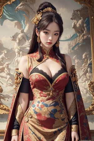 busty and sexy girl, 8k, masterpiece, ultra-realistic, best quality, high resolution, high definition, Chinese female warrior in the style of Korean animation. The character should have an elegant and heroic posture, wearing traditional yet stylized warrior attire that reflects a blend of historical and fantasy elements. The color palette should include rich golds, reds, and blues, with intricate floral patterns similar to those in the original image. The background should be grand and detailed, possibly including architectural elements that enhance the character's presence.