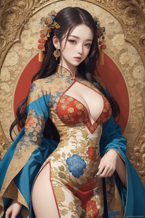 busty and sexy girl, 8k, masterpiece, ultra-realistic, best quality, high resolution, high definition, Chinese female warrior in the style of Korean animation. The character should have an elegant and heroic posture, wearing traditional yet stylized warrior attire that reflects a blend of historical and fantasy elements. The color palette should include rich golds, reds, and blues, with intricate floral patterns similar to those in the original image. The background should be grand and detailed, possibly including architectural elements that enhance the character's presence.