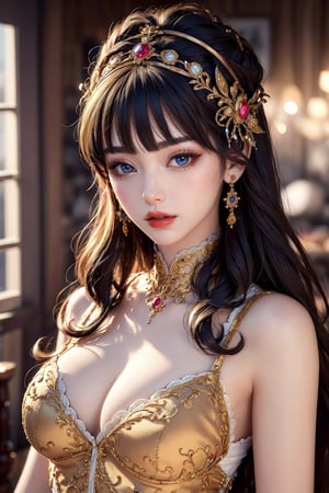 busty and sexy girl, 8k, masterpiece, ultra-realistic, best quality, high resolution, high definition, 1girl, solo, long hair, looking at viewer, bangs, blue eyes, black hair, hair ornament, jewelry, closed mouth, upper body, parted lips, indoors, blunt bangs, blurry, lips, grey eyes, eyelashes, makeup, gem, headdress, red lips, gold