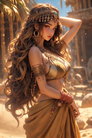 busty and sexy girl, 8k, masterpiece, ultra-realistic, best quality, high resolution, high definition, Tribal girl, feather headdress,((desert ruins)), glistening bronze skin, ((large round eyes, bigger golden eyes, longest eyelashes)), ((massive high volume hair, layers of wild outlandish golden blonde hair growth, wild wavy blowout, jewelled bronze headdress, extra volume)),((intricate Sand yellow bikini, sarong, wrist wraps, beads, bronze highlights))