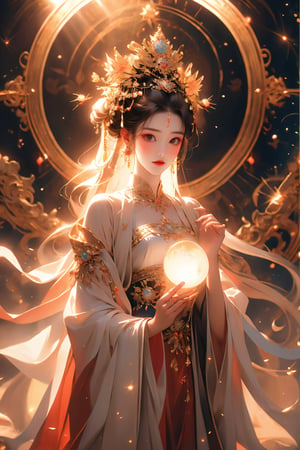 busty and sexy girl, 8k, masterpiece, ultra-realistic, best quality, high resolution, high definition,hanfu, The image presented is an artistic representation, likely a piece of digital art or a painting, depicting a female figure with an ethereal quality. She has long, flowing white hair and is adorned with a crown that resembles a sunburst pattern, suggesting a celestial theme. The figure's attire is rich and ornate, featuring golden embellishments on a dark blue background, which could indicate a regal or divine status. Her expression is serene and contemplative, and she holds a small, glowing orb in her hand, which adds to the mystical ambiance of the scene. The background is a starry night sky, further enhancing the heavenly motif. The overall impression is one of otherworldly beauty and grace.