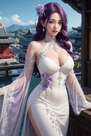 busty and sexy girl, 8k, masterpiece, ultra-realistic, best quality, high resolution, high definition, solo, long hair, looking at viewer, hair ornament, dress, jewelry, purple eyes, purple hair, flower, earrings, detached sleeves, sky, hair flower, white dress, architecture, east asian architecture