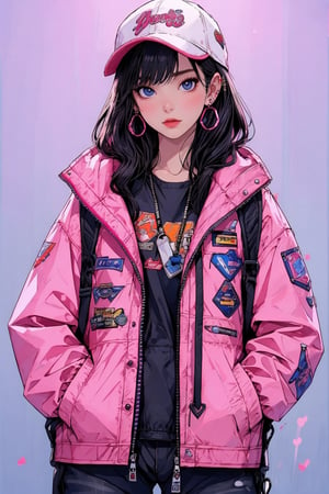 busty and sexy girl, 8k, masterpiece, ultra-realistic, best quality, high resolution, high definition, 1girl, solo, long hair, looking at viewer, simple background, black hair, long sleeves, hat, jewelry, jacket, cowboy shot, earrings, hood, hoodie, blue background, hood down, baseball cap, hands in pockets, pink jacket