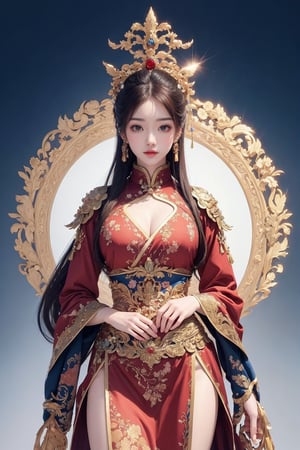 busty and sexy girl, 8k, masterpiece, ultra-realistic, best quality, high resolution, high definition, Chinese female warrior in the style of Korean animation. The character should have an elegant and heroic posture, wearing traditional yet stylized warrior attire that reflects a blend of historical and fantasy elements. The color palette should include rich golds, reds, and blues, with intricate floral patterns similar to those in the original image. The background should be grand and detailed, possibly including architectural elements that enhance the character's presence.